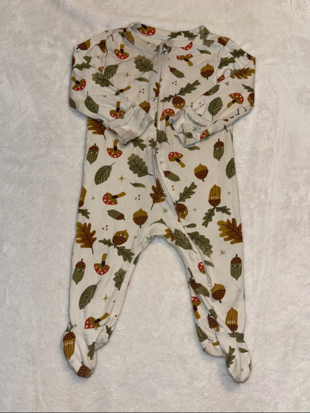 (3 for $10) Neutral Forest Print Footed One-Piece - White with Green & Brown